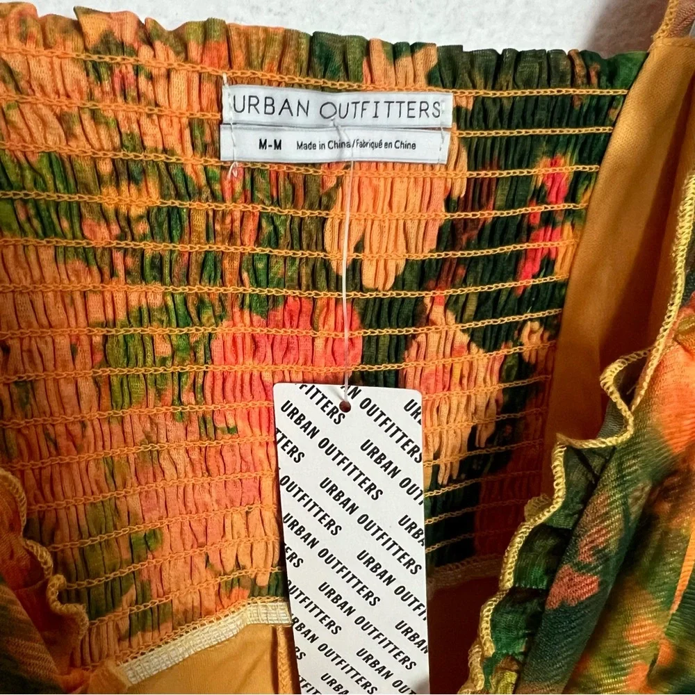 NEW Urban Outfitters Audrey Mesh Babydoll Mini Dress Size Medium Orange Green - Picture 6 of 9